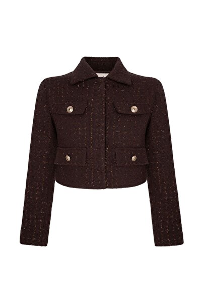 laulei Tweed Jacket with Flap Collar Brown