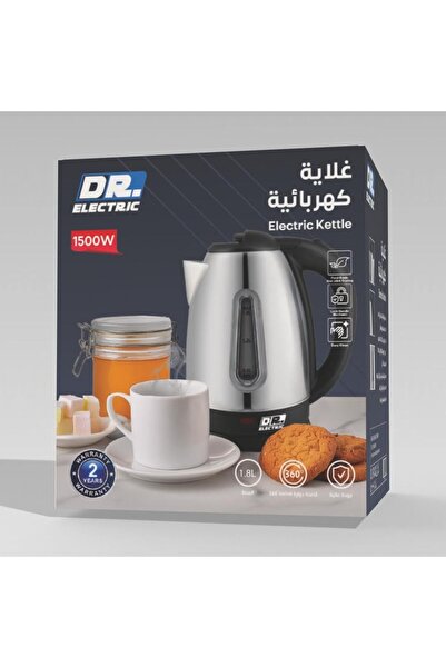 DR.ELECTRIC Electric Kettle, Stainless Steel, 1.8L, 1500W, 360 Degree Rotating Base, Silver and Blac