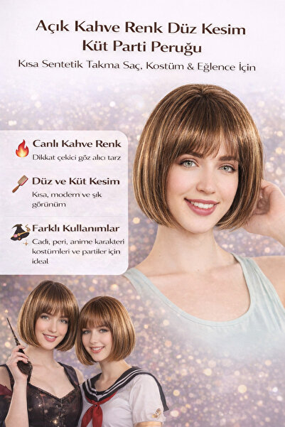 Tamsena Store Açık Kahve Renk Düz Kesim Küt Parti Peruğu – Kısa Sentetik Takm...