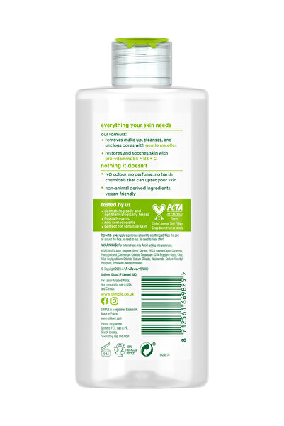 Simple Kind to Skin Micellar Ovalama Gerektirmeyen Gözenek Açıcı Nem Makyaj Temizleme Suyu 200 ML 3'li Set