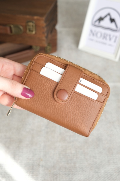 Norvi Leather Genuine Leather Wallet Card Holder with Zipper and Snap Fastener Accordion Compartment 1270