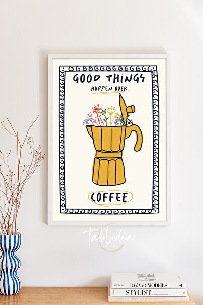 tablodea Цветя MokaPot Модел за декорация на ъгъл за кафе Постер с бяла дърве...