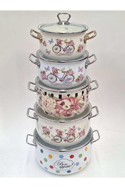 GİZEM Enamel Five-Piece Yogurt Pot Set // 2Nd Quality // Decorations in the Picture Are Representative