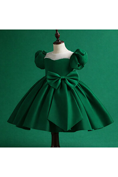 MUSGEM فستان سهرة للفتيات بتصميم خاص بلون أخضر زمردي مع أكمام بالون وتفاصيل فيونكة