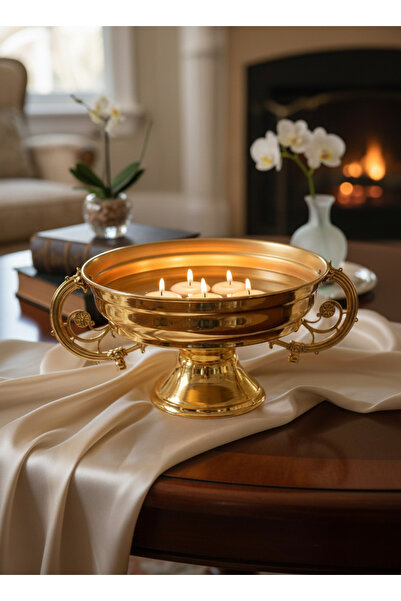 VAZO DEKOR Altın Kaplama Dekoratif Ayaklı Sunum Kasesi - Klasik Kulplu Meyvel...