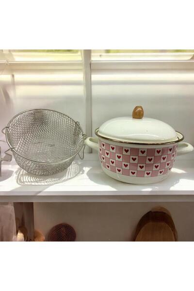 ALEV EMAYE Emaye Kızartma Tenceresi -22CM- Tel Süzgeçli – Kalpli Desen | Kapa...