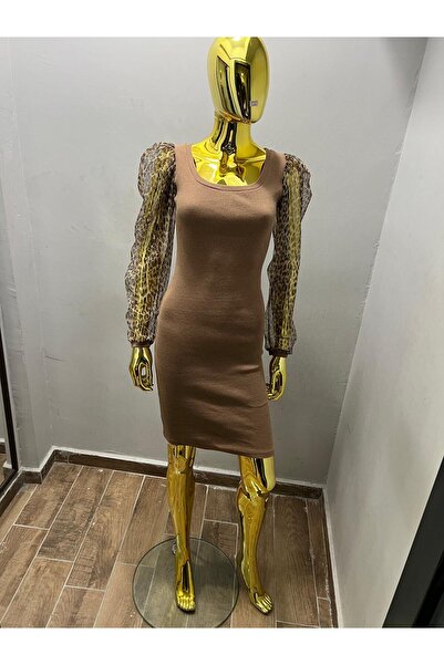 ASLAMI TEKSTIL Kahve rengi kolları leopar desenli elbise model