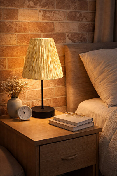 Solea Home Design Rafya Başlıklı Doğal Abajur | Siyah Gövdeli Modern Tasarım