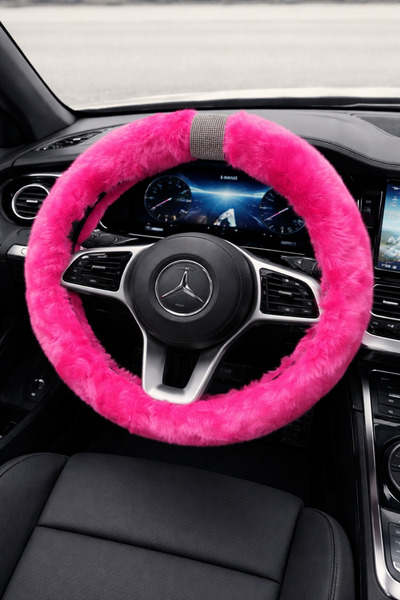 IŞILTI DESİGN Geçme Peluş Direksiyon Kılıfı Tavşan Tüylü Pembe