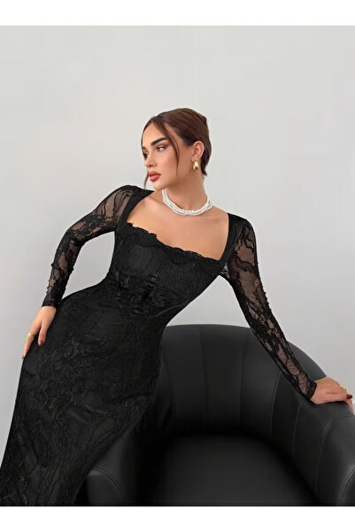 GZMBUTİK Kadın Şık Dantel Kare Yaka Uzun Kollu Abiye Elbise