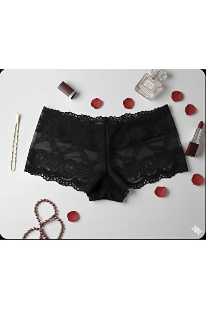 Butik Kadın Siyah İnce İşlemeli Dantel Detaylı Şık Boxer Külot 3'lü Paket