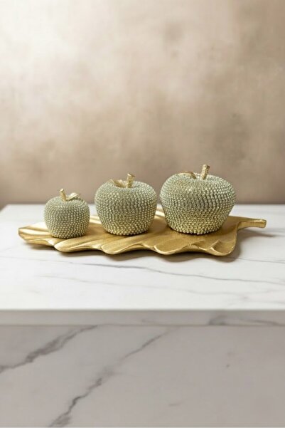 EVİMDM 3'lü Kristal Taşlı Elma Biblo & Dekor Tabak Seti - Gold