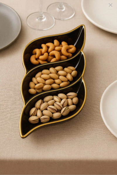 Online Kapında Lüks Gold Yaldızlı 3 Bölmeli Seramik Çerezlik, Sunumluk