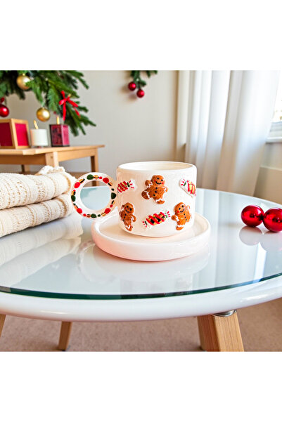 Özce Art Ceramic Atelier Christmas Themed Candy Cookie Themed 24K Gold Detailed Handmade 170 ml Cup and Saucer