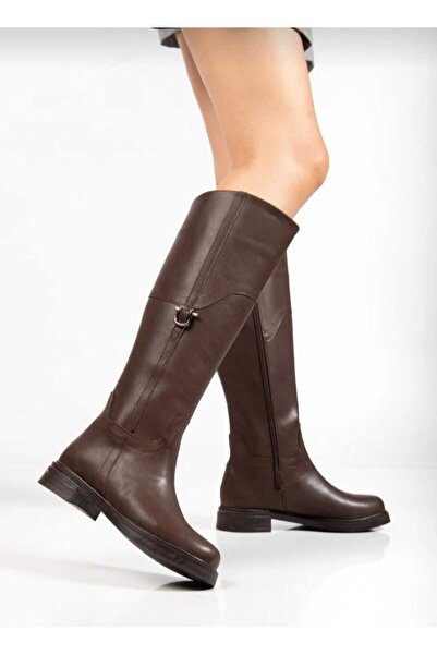 gümüştopuk Metal Tokalı Düz Kaymaz Taban Kadın Çizme