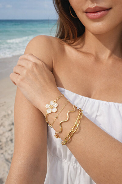 monalisatoka Kadın Gold Ekru Çiçekli Bileklik Kombin 3lü Set