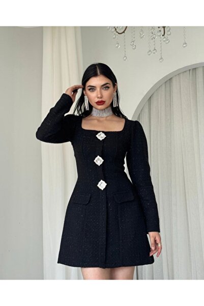 Dilek Vardar Black Square Neck Shiny Stone Tweed Mini Dress