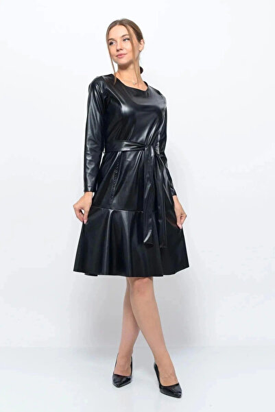 Selkar Global Women's Leather Embroidered Crew Neck Elegant Black Belted Dress - Black - Selkr43W57E-1M00-38Si