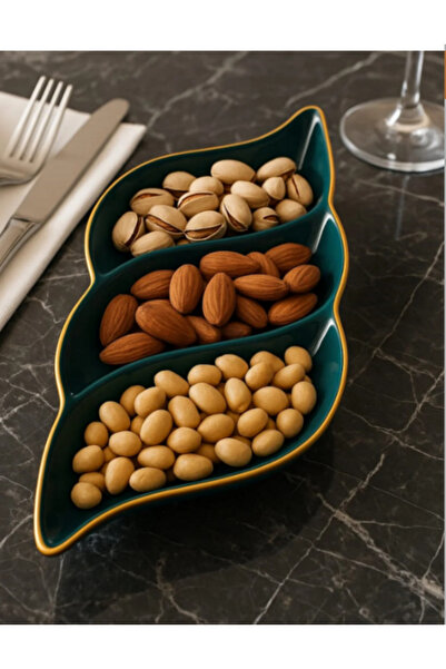 Online Kapında Lüks Gold Yaldızlı 3 Bölmeli Seramik Çerezlik, Sunumluk