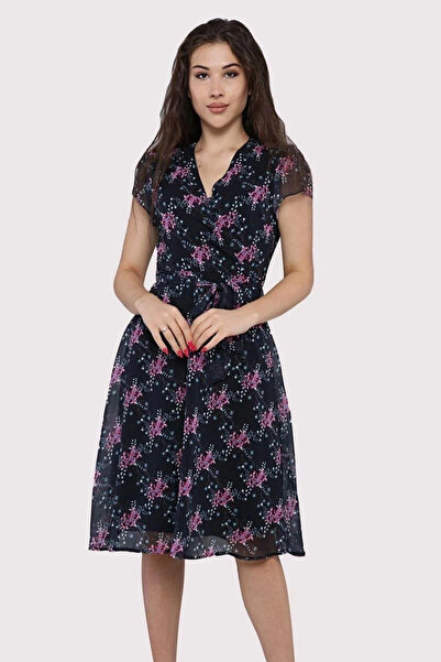 Astra Plus Women's Black Waist Tie Floral Pattern Midi Chiffon Dress - Black ...