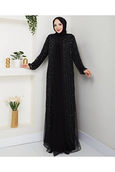 Aydoğan عباءة مطرزة بالأحجار مقاس كبير – فستان سهرة إسلامي أسود اللون