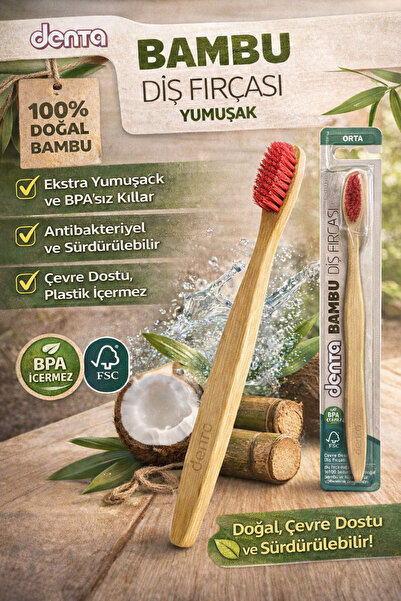 Denta Bambu Diş Fırçası – Yumuşak Kırmızı Kıllı, BPA İçermez, Çevre Dostu