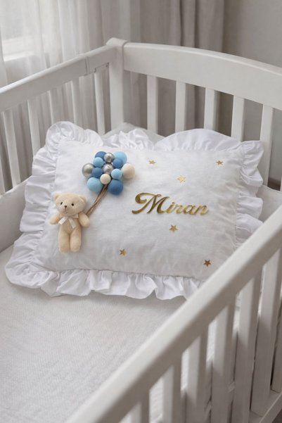 Bonika Ruffled 100% Cotton Baby Jewelry Pillow with Bubble Teddy Bear