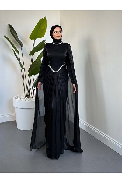 Tane فستان سهرة إسلامي بأكمام من الشيفون مع تفاصيل حجرية على الخصر والياقة