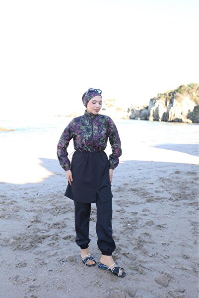 Lina&Noor Etnik Desenli Uzun Kollu Fermuarlı Tesettür Mayo Tam Kapalı Beachwe...