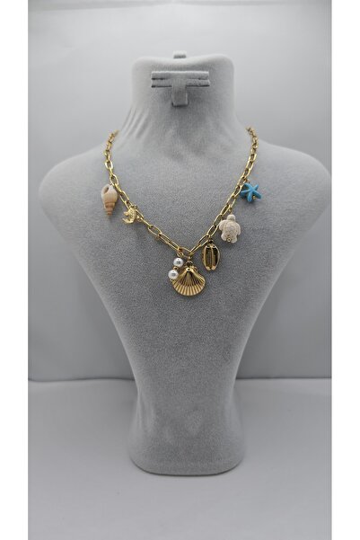 NO NAME Stainless Steel Gold Color Ocean Themed Pearl Stone Model Charm Necklace