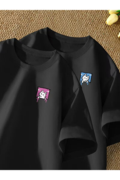 one button Sevimli Kedi Tasarım Çift Sevgili Kombini Basic Regular T-shirt 2'...