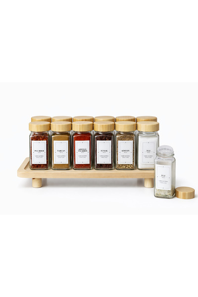 Durina Living 12li Bambu Kapaklı Ahşap Standlı Cam Baharatlık Seti – 120ml Et...