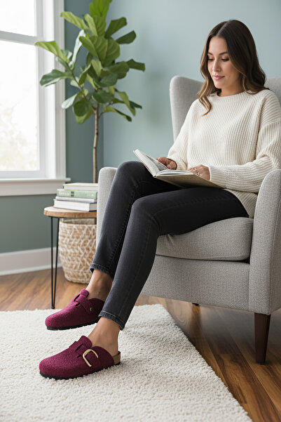 CEYDA SHOES Women's Felt, Cork Sole, Orthopedic, Closed Front, Stylish, Buckle-Style Daily House Slippers