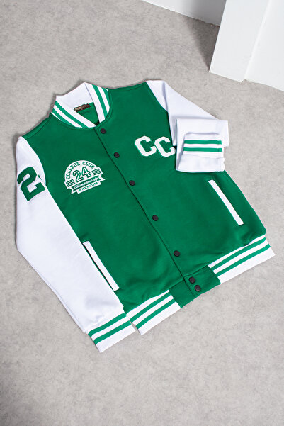 grand coco Men's 3 Thread Ş Fleece-Lined Green White College Jacket