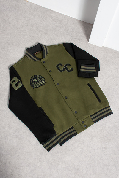 grand coco Men's 3 Thread Ş Fleece-Lined Khaki Black College Jacket