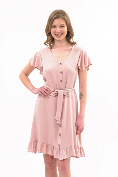 Zeta Group Rochie midi material reiat pentru femei, cu decolteu cu pliuri, cu legături în talie, bej - bej - ILC2.42W17E-9M5-42BEJ