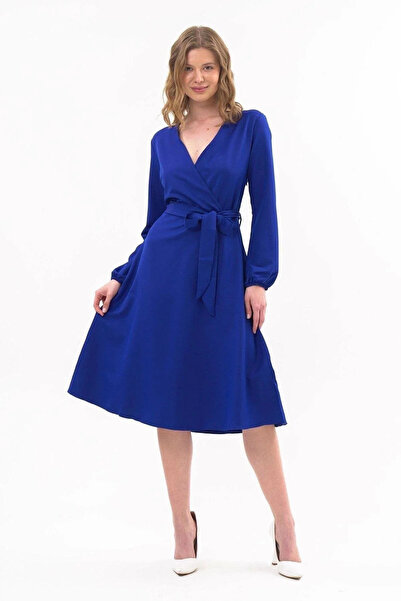 Zeta Group Women's Tie Waist V-Neck Cobalt Casual Midi Dress Plus Size - Cobalt - Ilc2.43E38U-1K10-50Btl- Cobalt