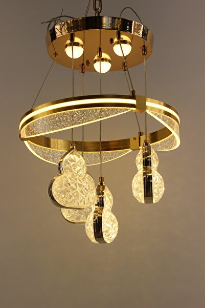 GN GEN AYDINLATMA Lüks Çemberli Seri Simli Akrilik Halkalı 3 Renk Led 4lü Kristal Dokulu Sarkıt Avize