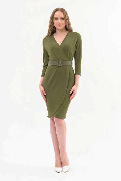 Mona Group Women's Low-Cut Khaki Collar Belted Elegant Midi Dress - Green - N...
