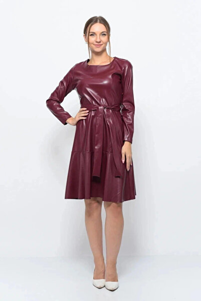 Sereia Women's Leather Embroidered Crew Neck Elegant Burgundy Belted Dress - Burgundy - Sreia43G57Y-1Q00-40Brd