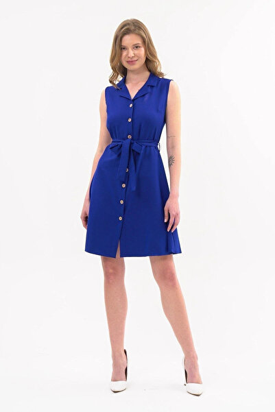 Zeta Group Women's Belted Shirt Collar with Slit at the Bottom Cobalt Midi Dress - Cobalt - Ilc2.43O30O-9O5-44 Cobalt