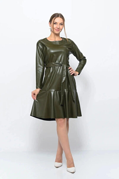 Astra Plus Women's Leather Embroidered Crew Neck Elegant Khaki Belted Dress - Dark Green - Astps43X57G-1P00-40Haki