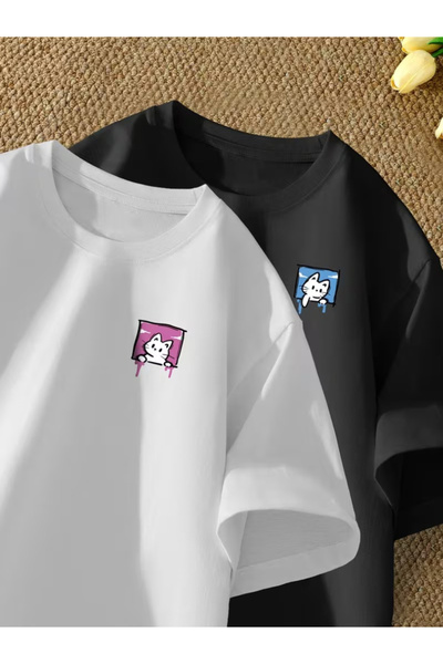 one button Sevimli Kedi Tasarım Çift Sevgili Kombini Basic Regular T-shirt 2'...