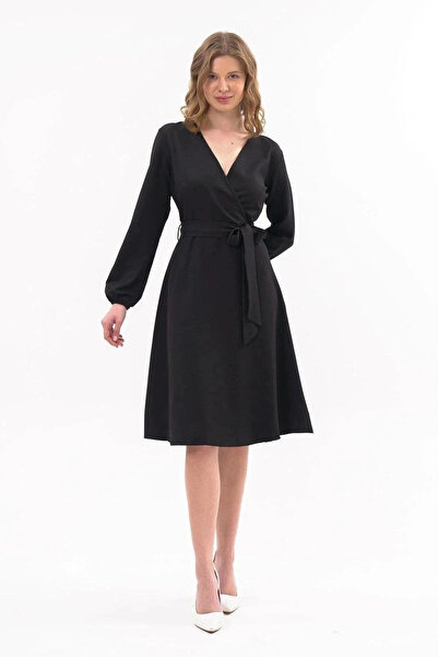 Zeta Group Rochie midi neagră confortabilă pentru femei, cu decolteu în V, cu legături în talie - Negru - ILC2.43Y38I-1S10-38SI