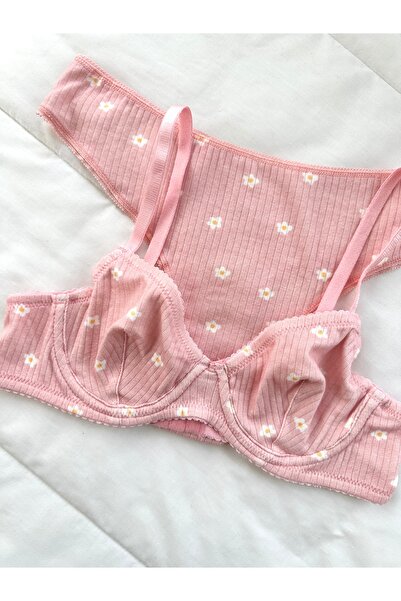 Feruzdesign Σετ σουτιέν με εσώρουχο από βαμβακερό ροζ λουλουδάτο