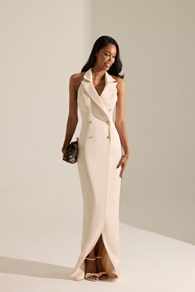 BETTY & SAM Milano Ekru Kruvaze Yaka Saten Elbise