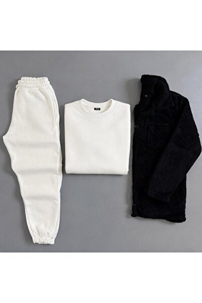 WENMİNG Men's Plush Jacket + 3 Thread Fleece-Lined Bisikletyaka Tracksuit Set 3-Piece Combination