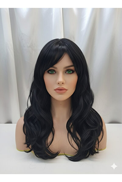 Takıcım Pırıltı Uzun siyah dalgalı peruk