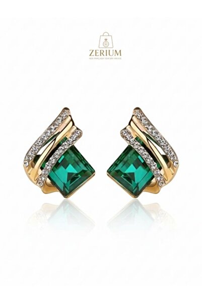 ZERİUM Green Crystal Stone Square Women's Earrings Premium Modern Series
