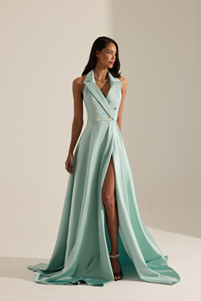 BETTY & SAM Torino Kloş Yırtmaçlı Turkuaz Uzun Elbise